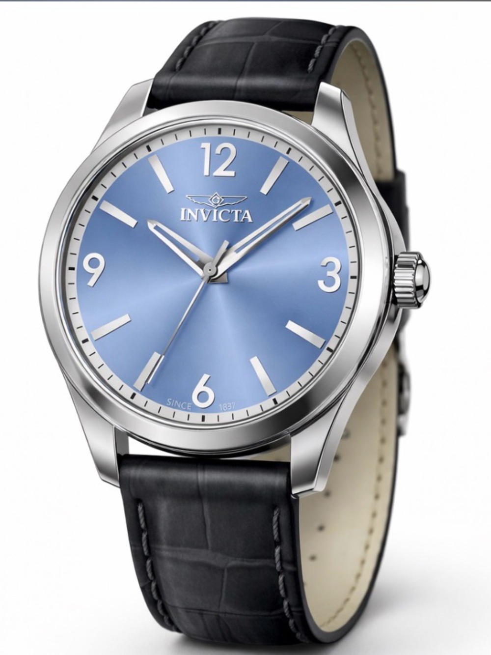 Invicta 50478 Silver Case Blue Dial Black Leather Watch 43MM